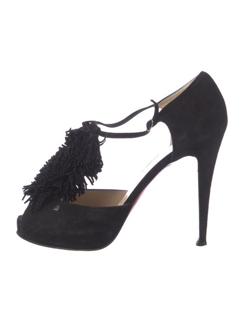 Christian Louboutin Suede Fringe Trim Accent T-Strap Pumps
