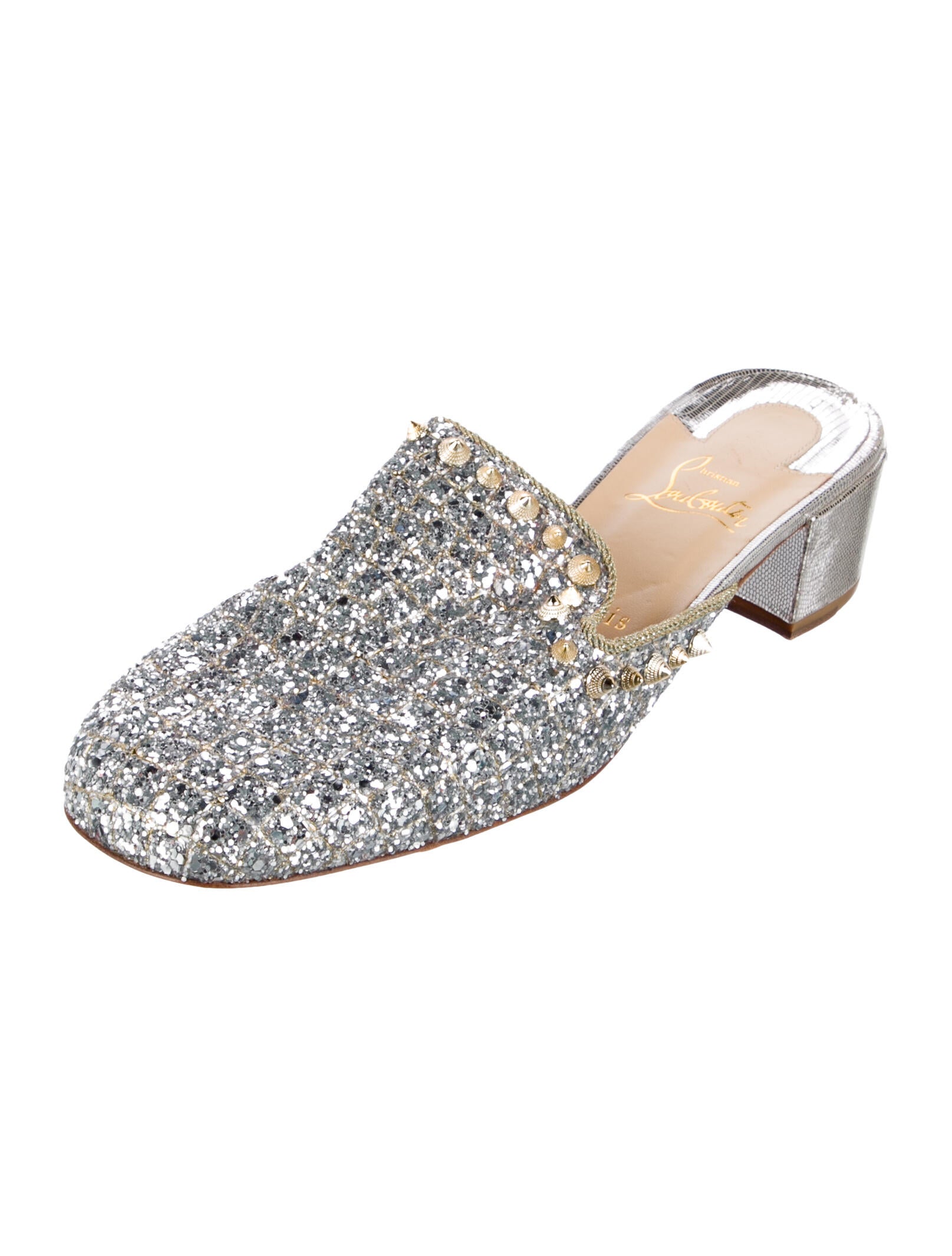 Christian Louboutin Spike Accents Glitter Mules