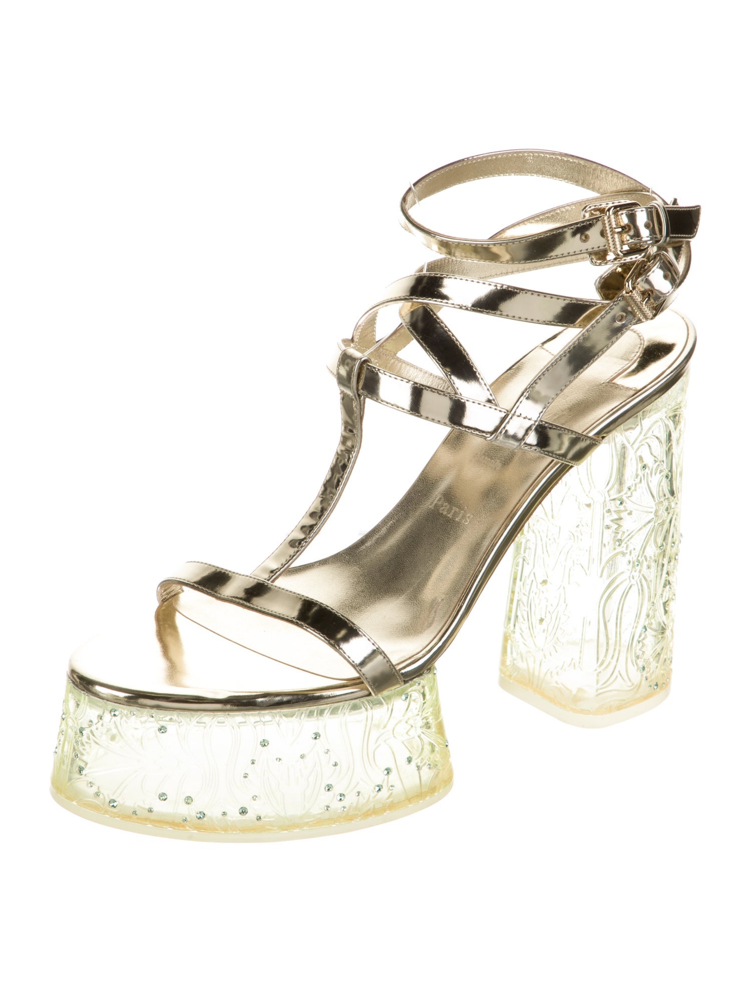 Christian Louboutin Patent Leather Crystal Embellishments T-Strap Sandals