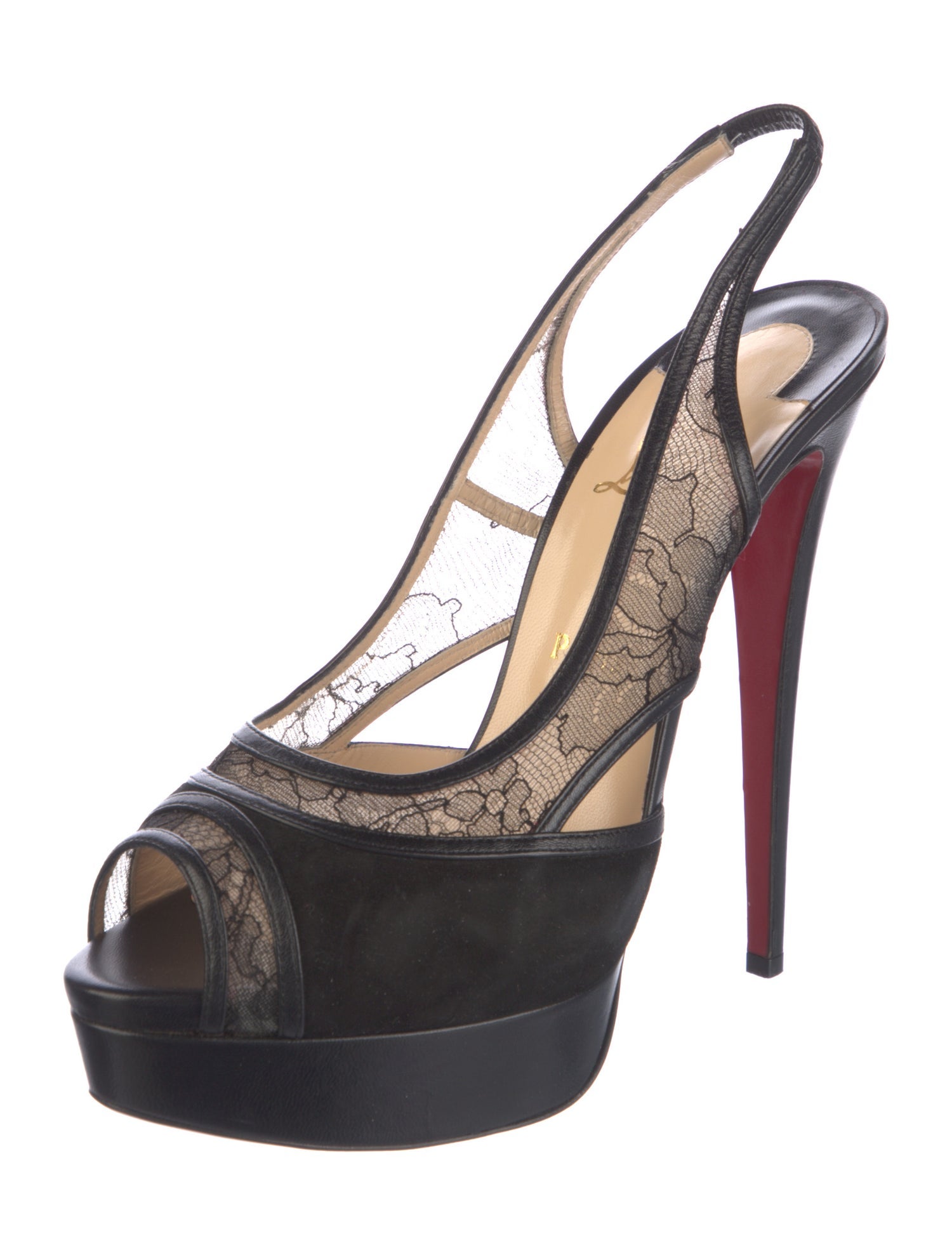 Christian Louboutin Suede Lace Trim Embellishment Slingback Pumps