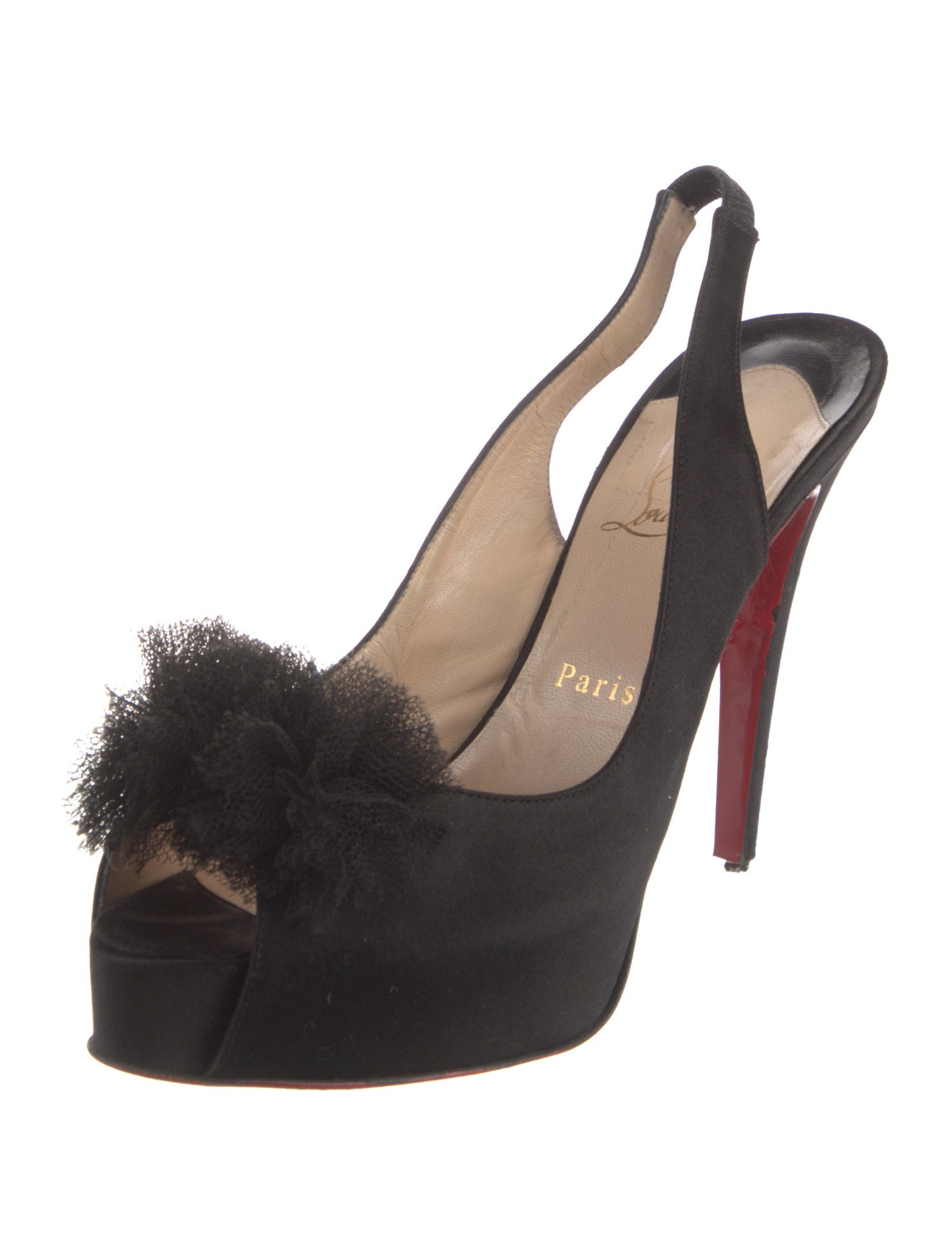 Christian Louboutin Satin Ruffle Embellishment Slingback Pumps