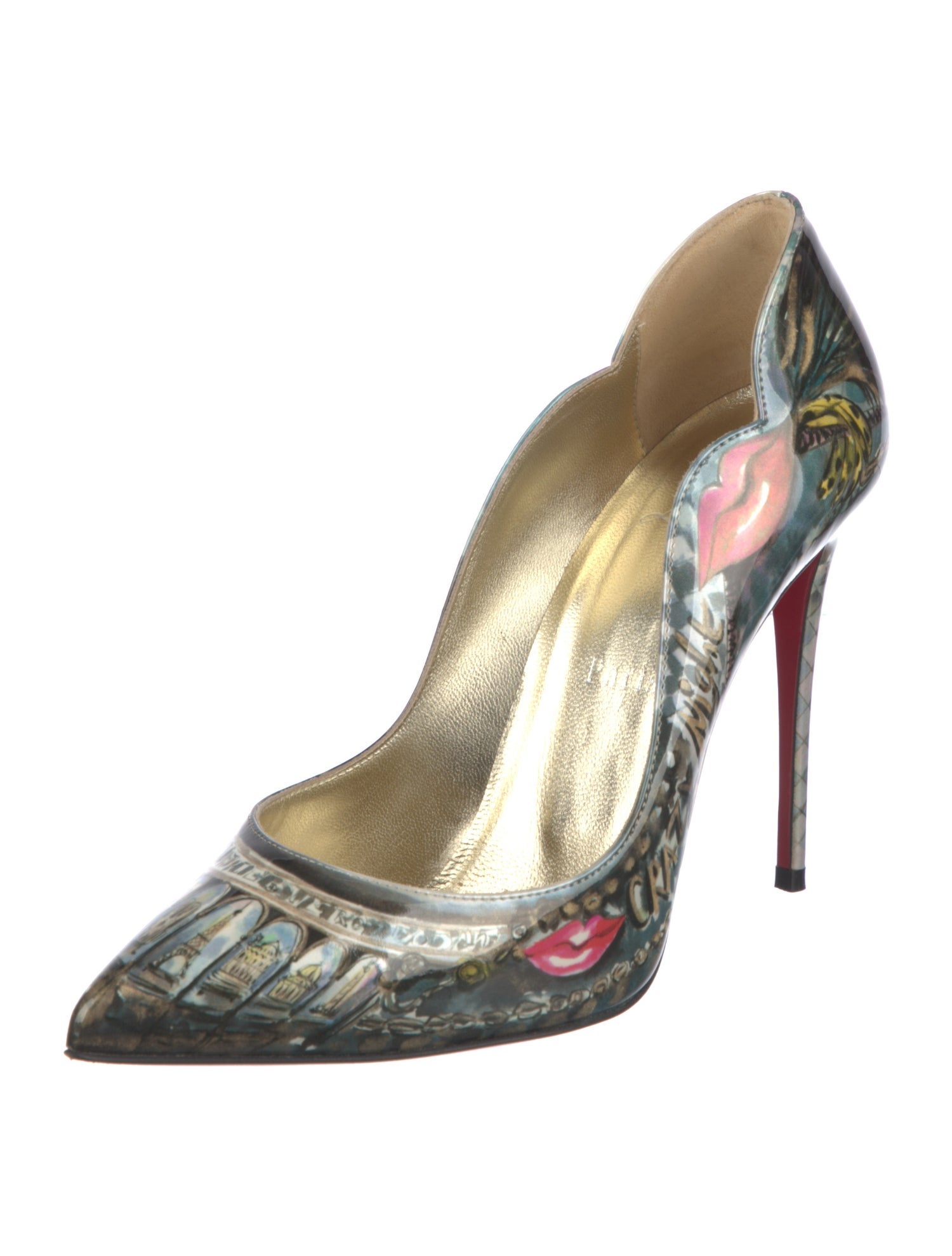 Christian Louboutin Patent Leather Printed Slingback Pumps
