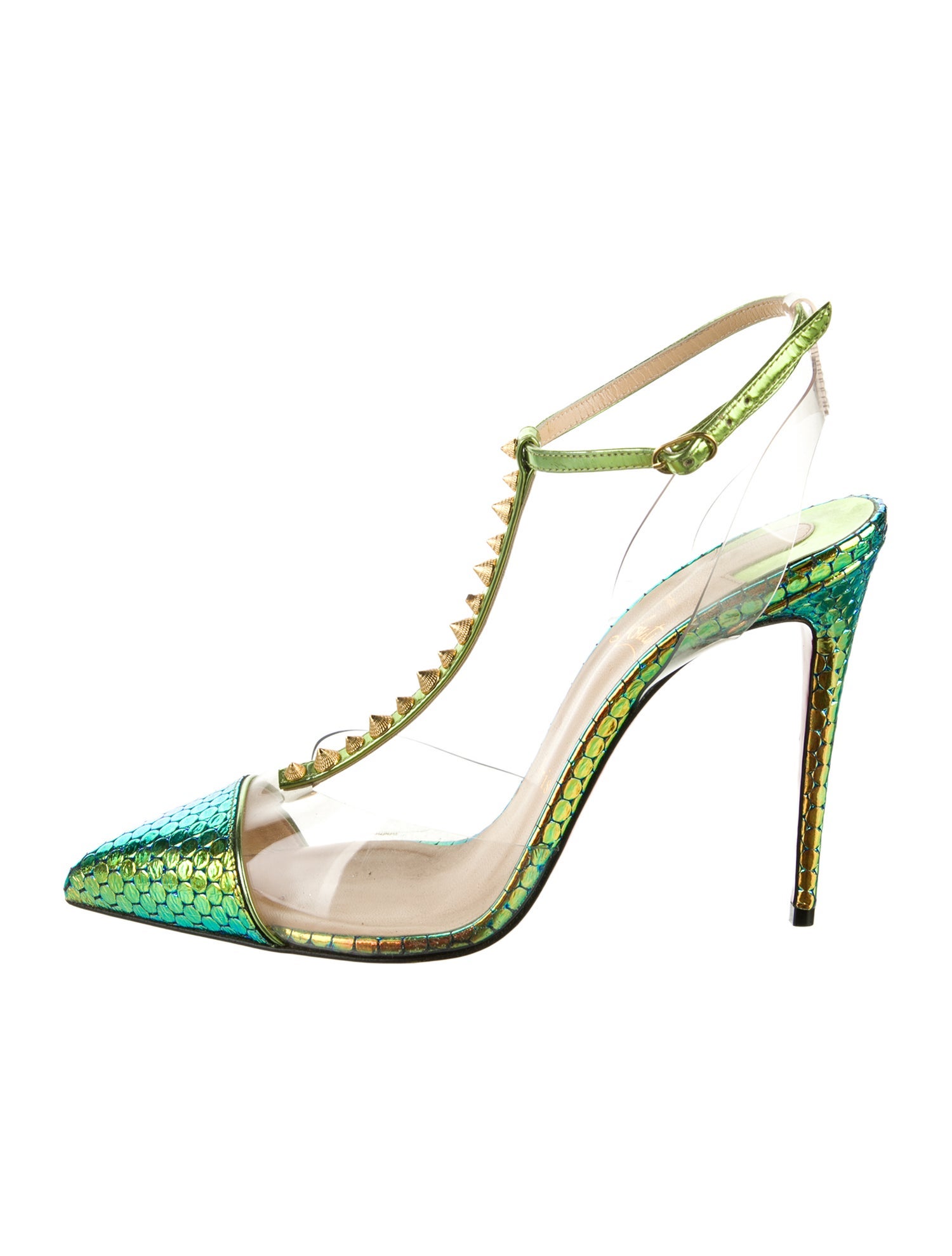 Christian Louboutin Spike Accents Embossed Leather T-Strap Pumps