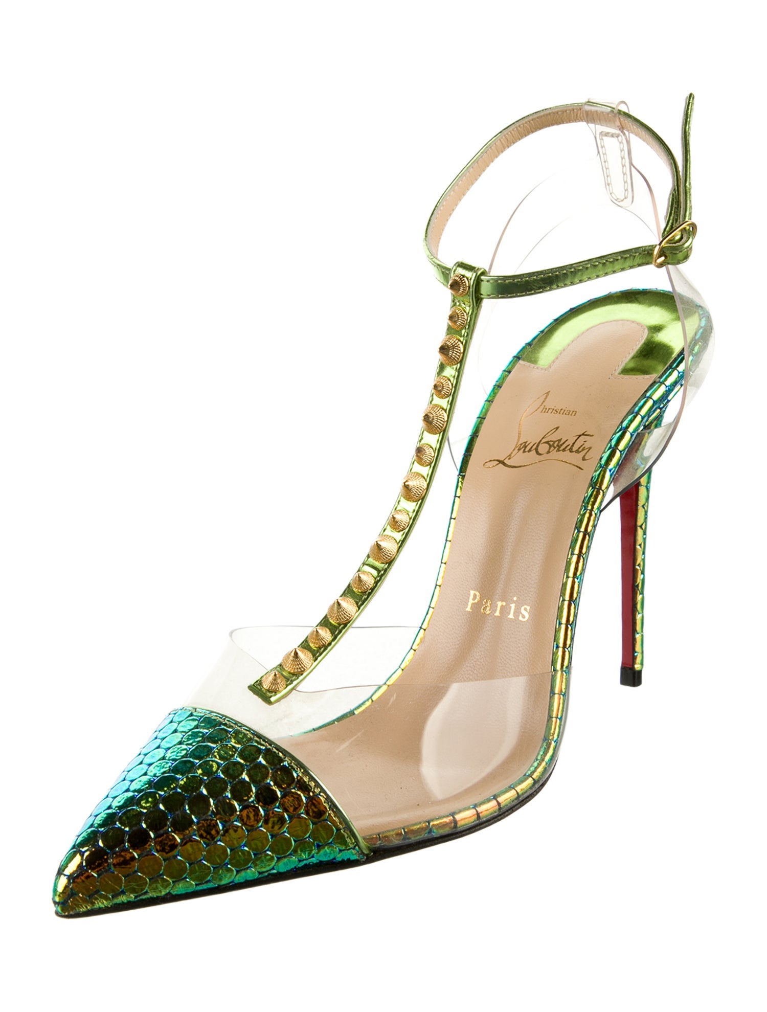 Christian Louboutin Spike Accents Embossed Leather T-Strap Pumps