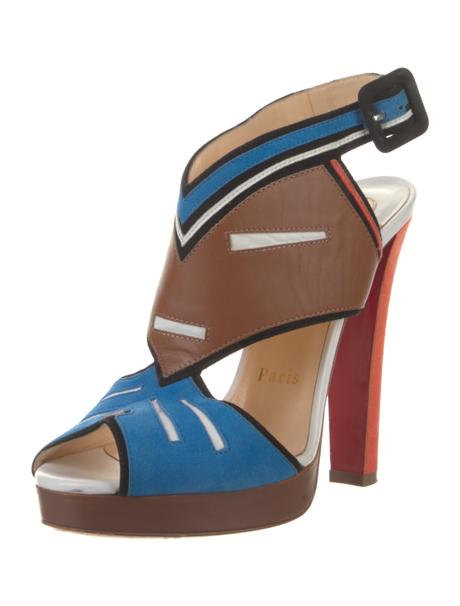 Christian Louboutin Leather Colorblock Pattern T-Strap Pumps