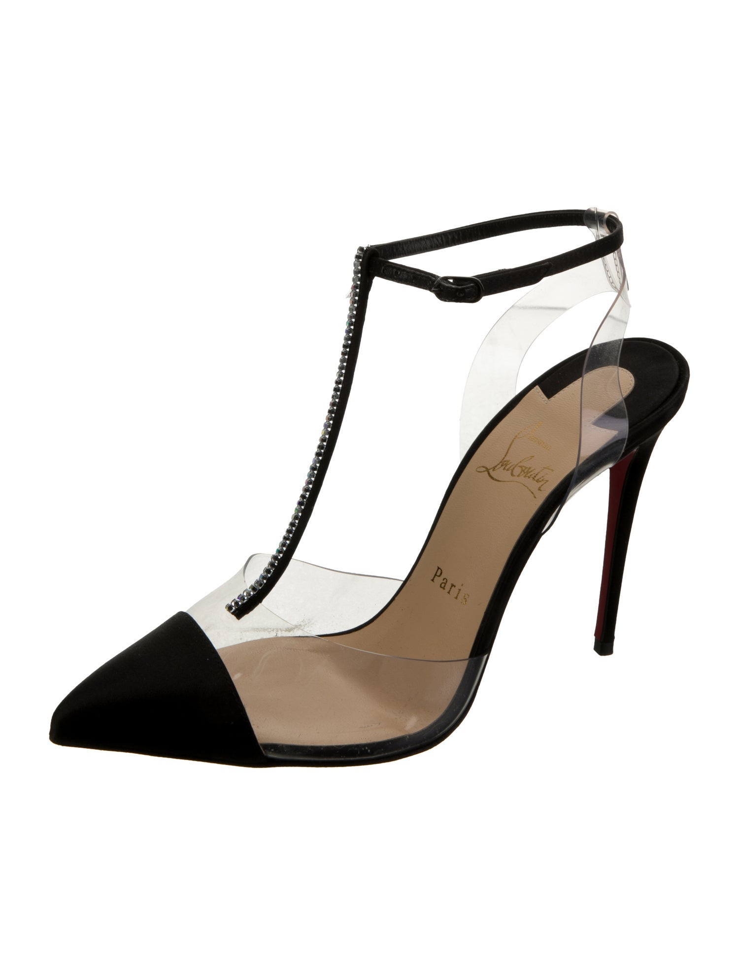 Christian Louboutin Satin Crystal Embellishments T-Strap Pumps