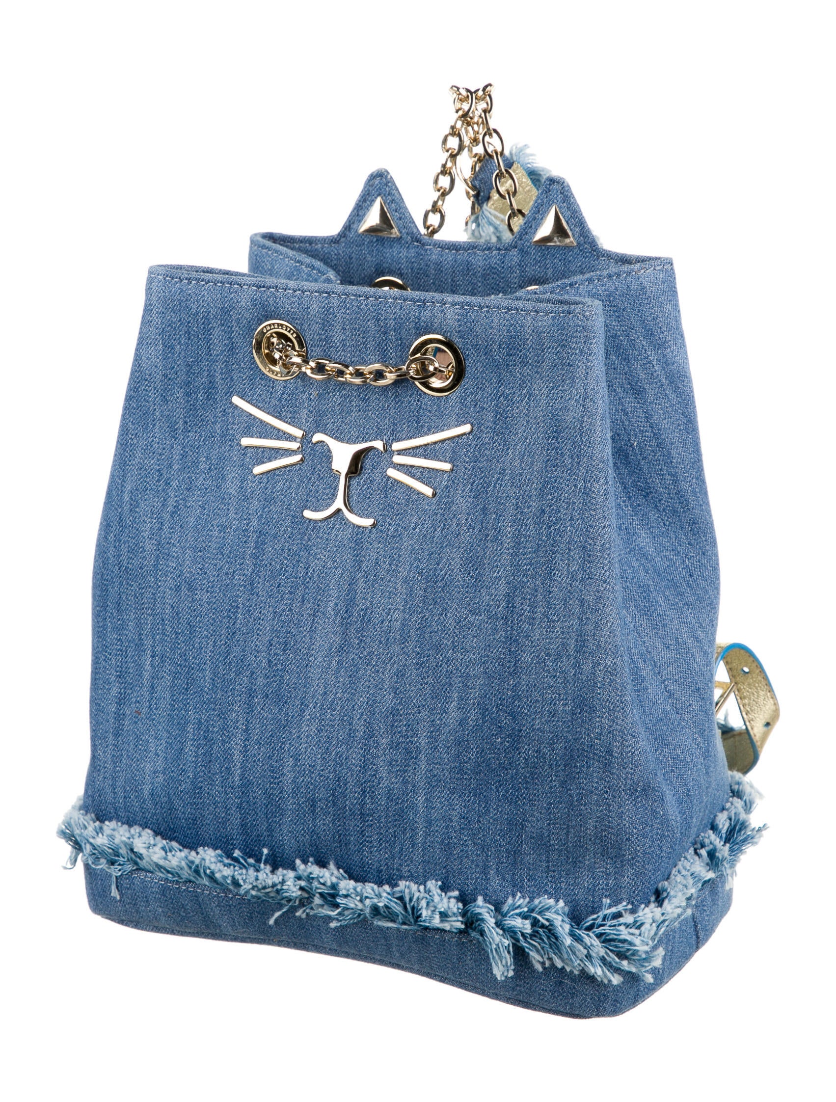 Charlotte Olympia Denim Kitty Backpack Blue Backpacks, Handbags