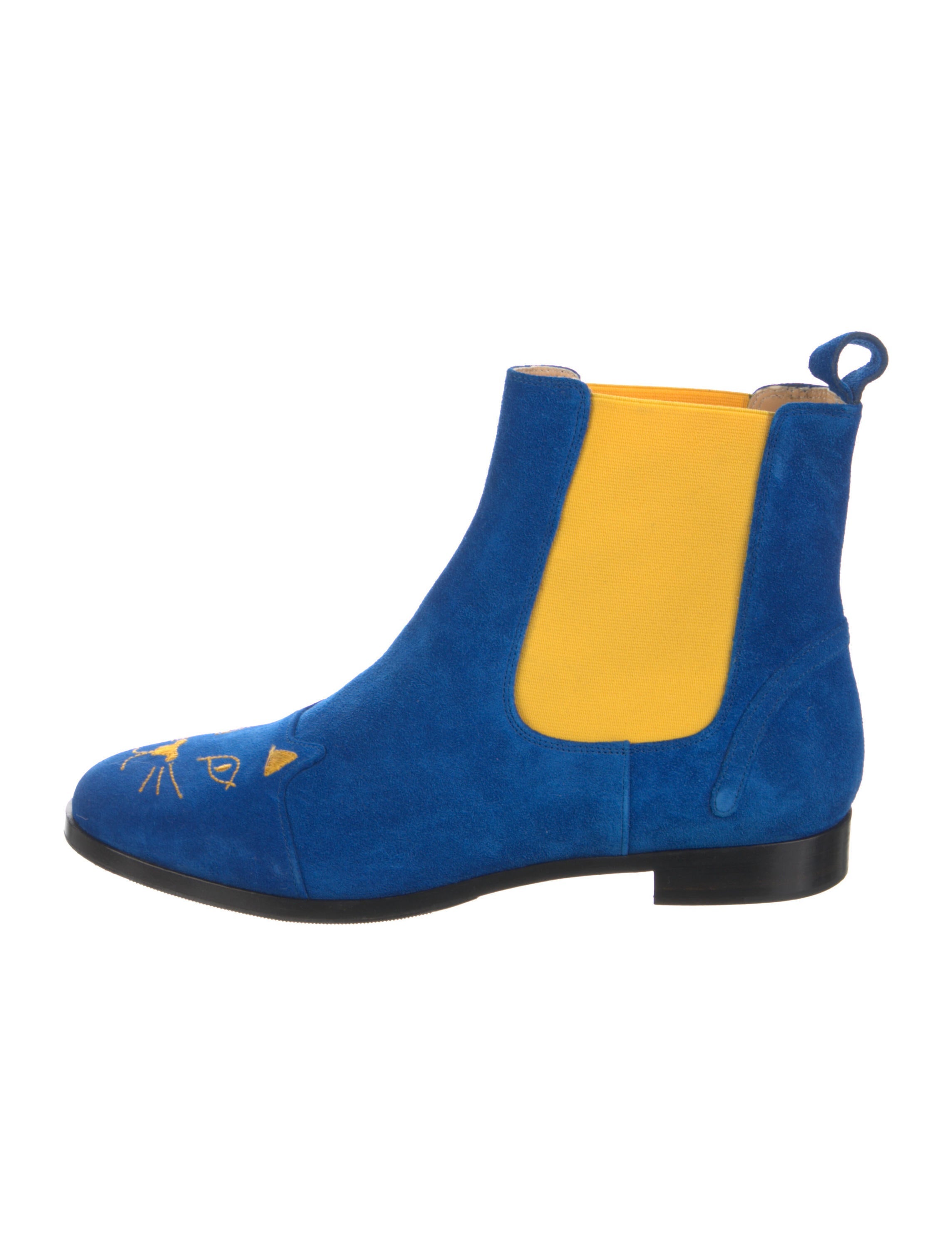Charlotte Olympia Suede Embroidered Accent Chelsea Boots Blue Boots