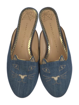 Charlotte Olympia Denim Embroidered Accent Mules