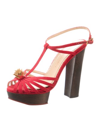 Charlotte Olympia Canvas Floral Print T-Strap Sandals
