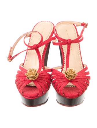 Charlotte Olympia Canvas Floral Print T-Strap Sandals