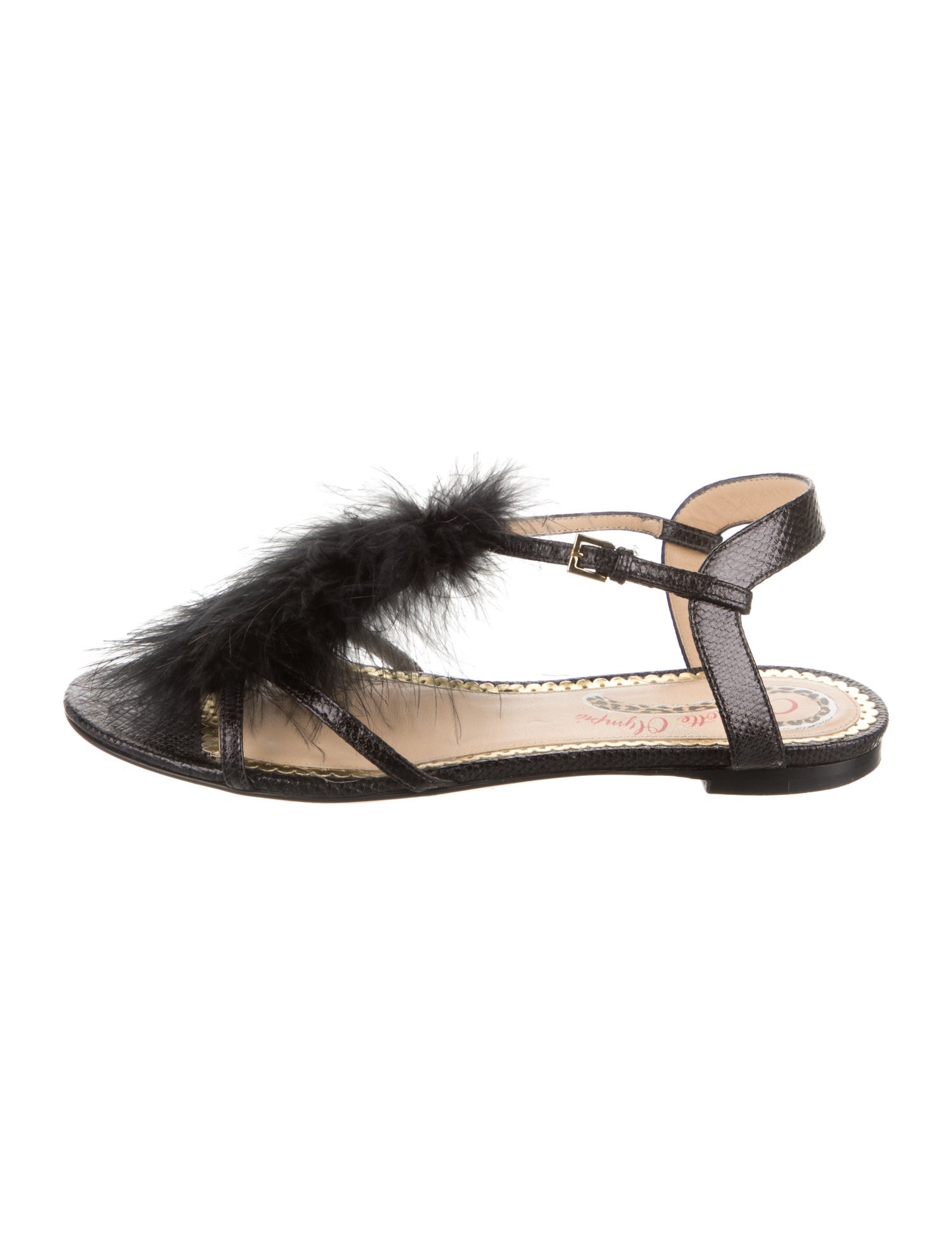 Charlotte Olympia Leather Feather Trim Gladiator Sandals