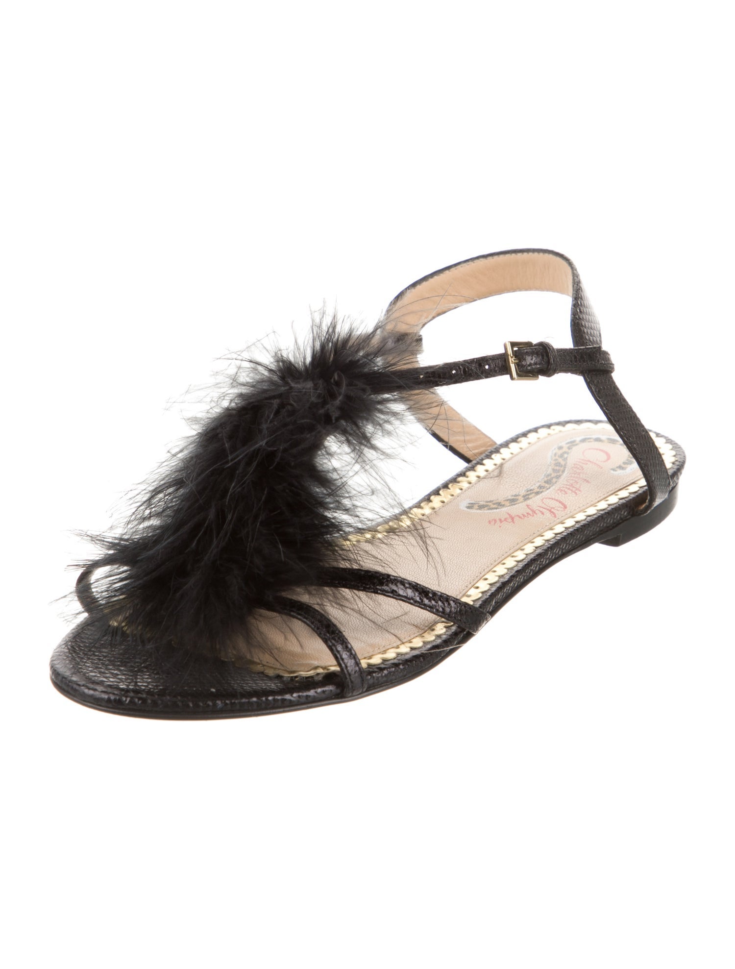 Charlotte Olympia Leather Feather Trim Gladiator Sandals