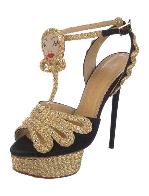 Charlotte Olympia Suede Crystal Embellishments T-Strap Sandals