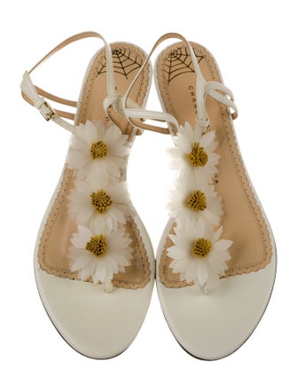 Charlotte Olympia Leather Floral Print T-Strap Sandals