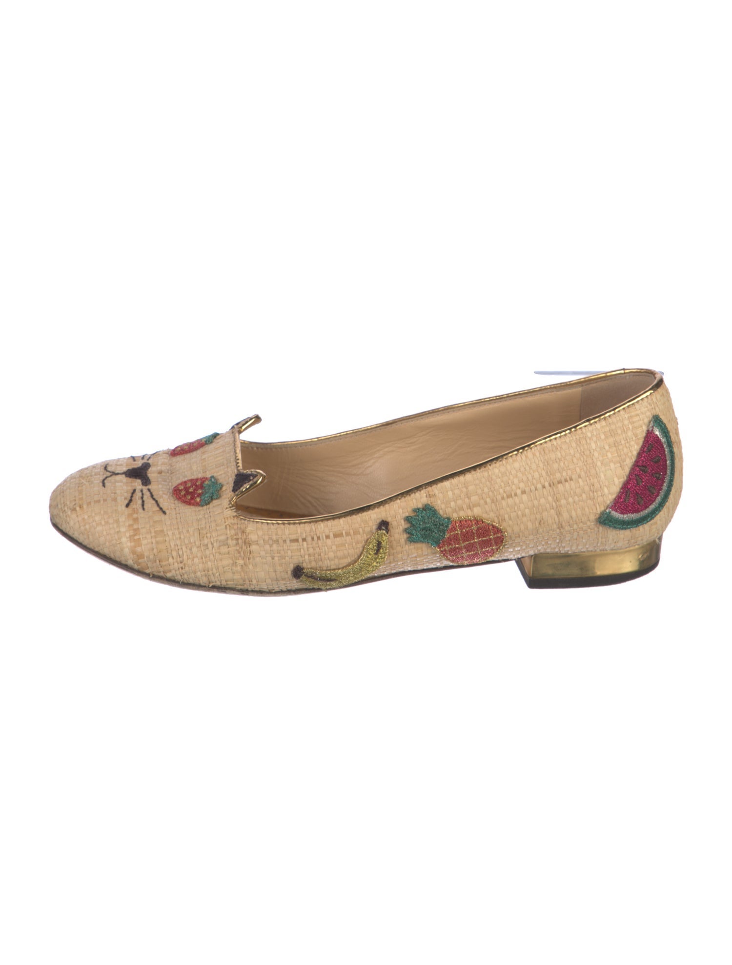 Charlotte Olympia Straw Embroidered Accent Loafers