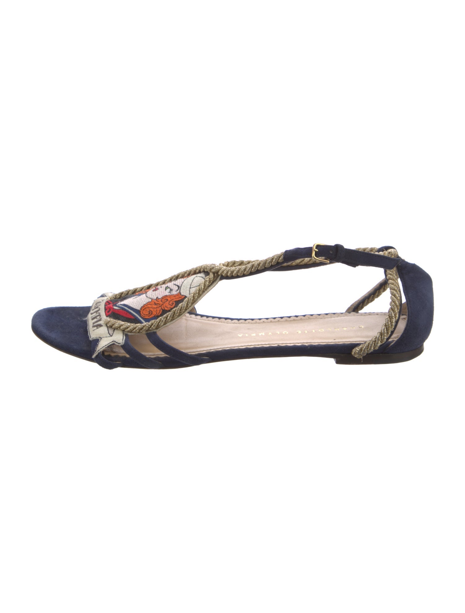 Charlotte Olympia Suede Colorblock Pattern T-Strap Sandals