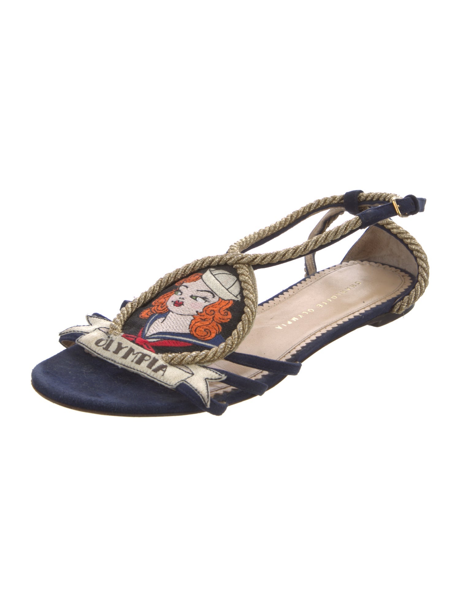 Charlotte Olympia Suede Colorblock Pattern T-Strap Sandals