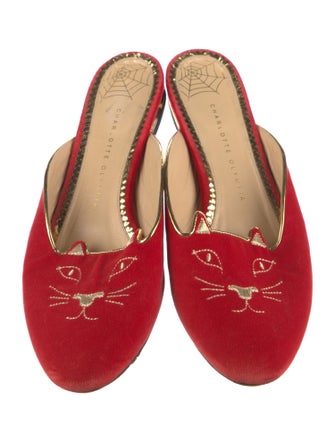 Charlotte Olympia Suede Embroidered Accent Mules