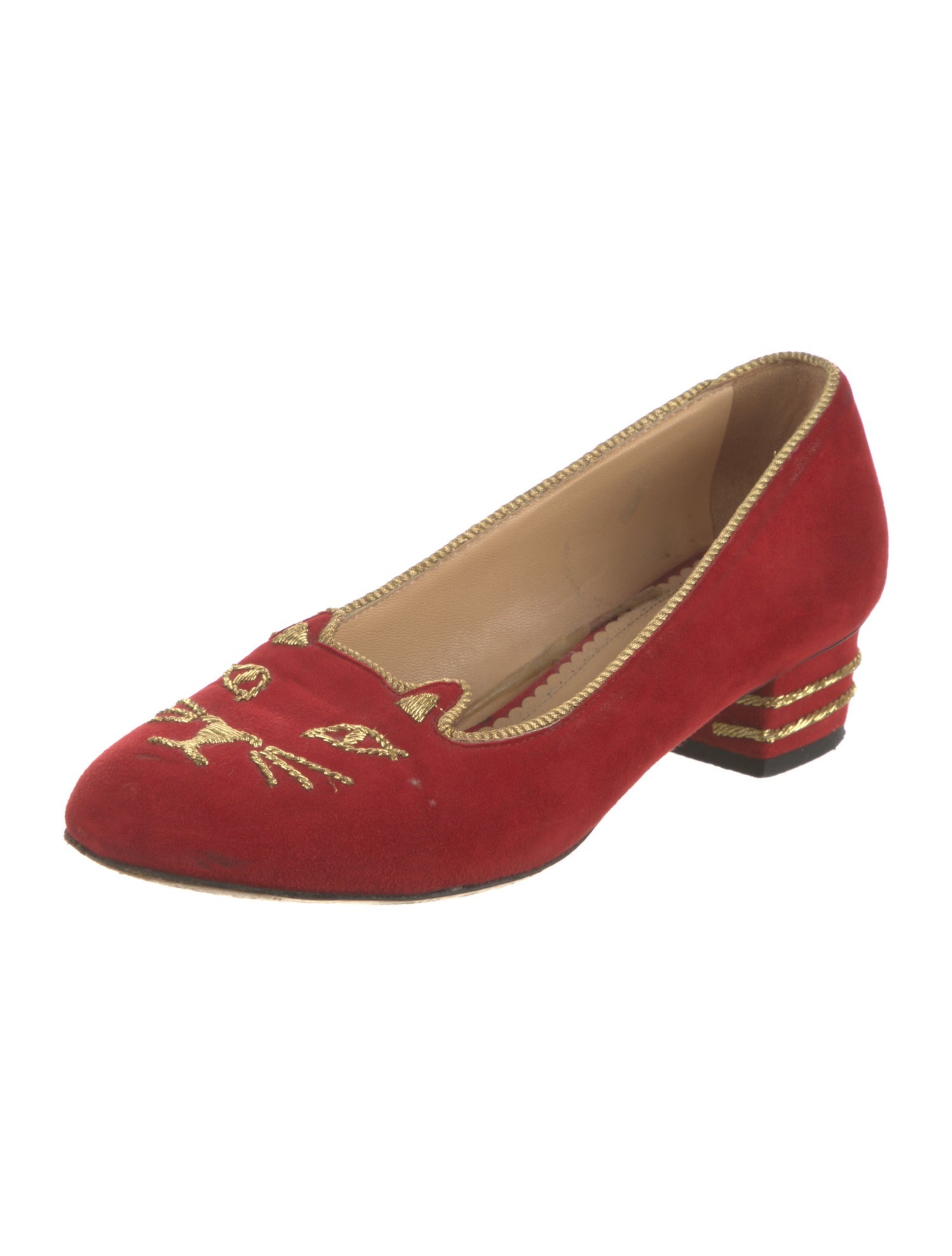 Charlotte Olympia Suede Embroidered Accent Pumps
