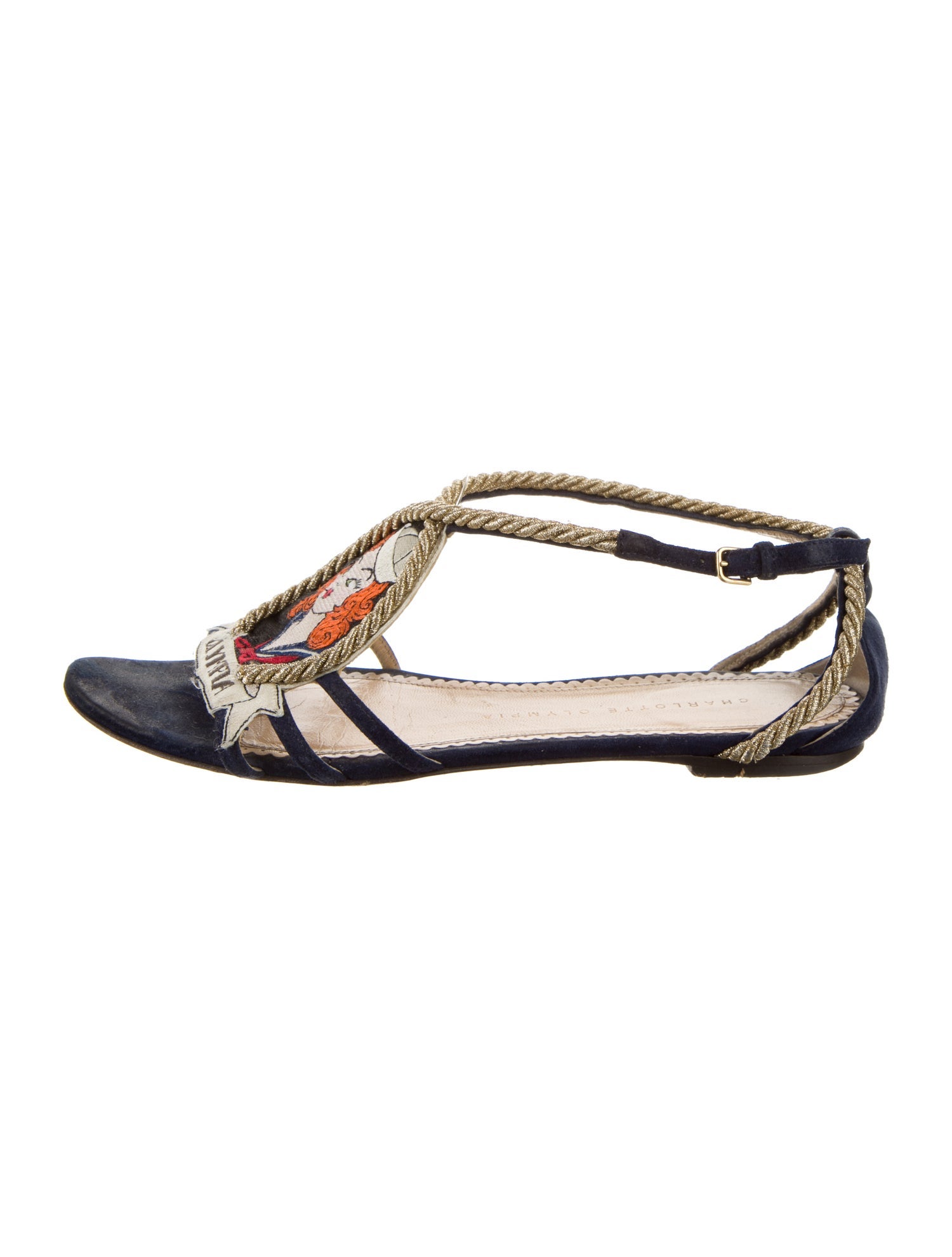 Charlotte Olympia Suede Colorblock Pattern T-Strap Sandals