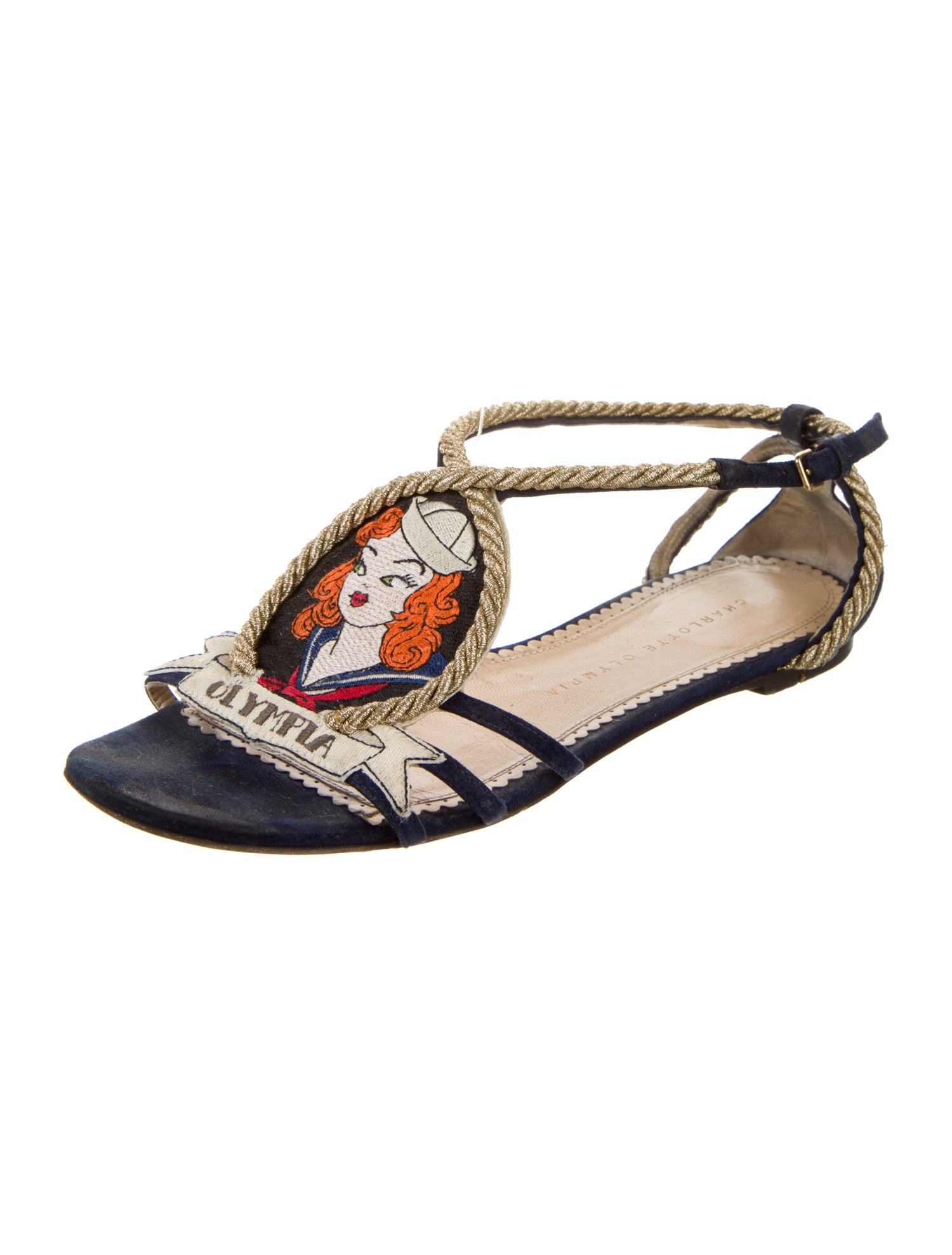 Charlotte Olympia Suede Colorblock Pattern T-Strap Sandals