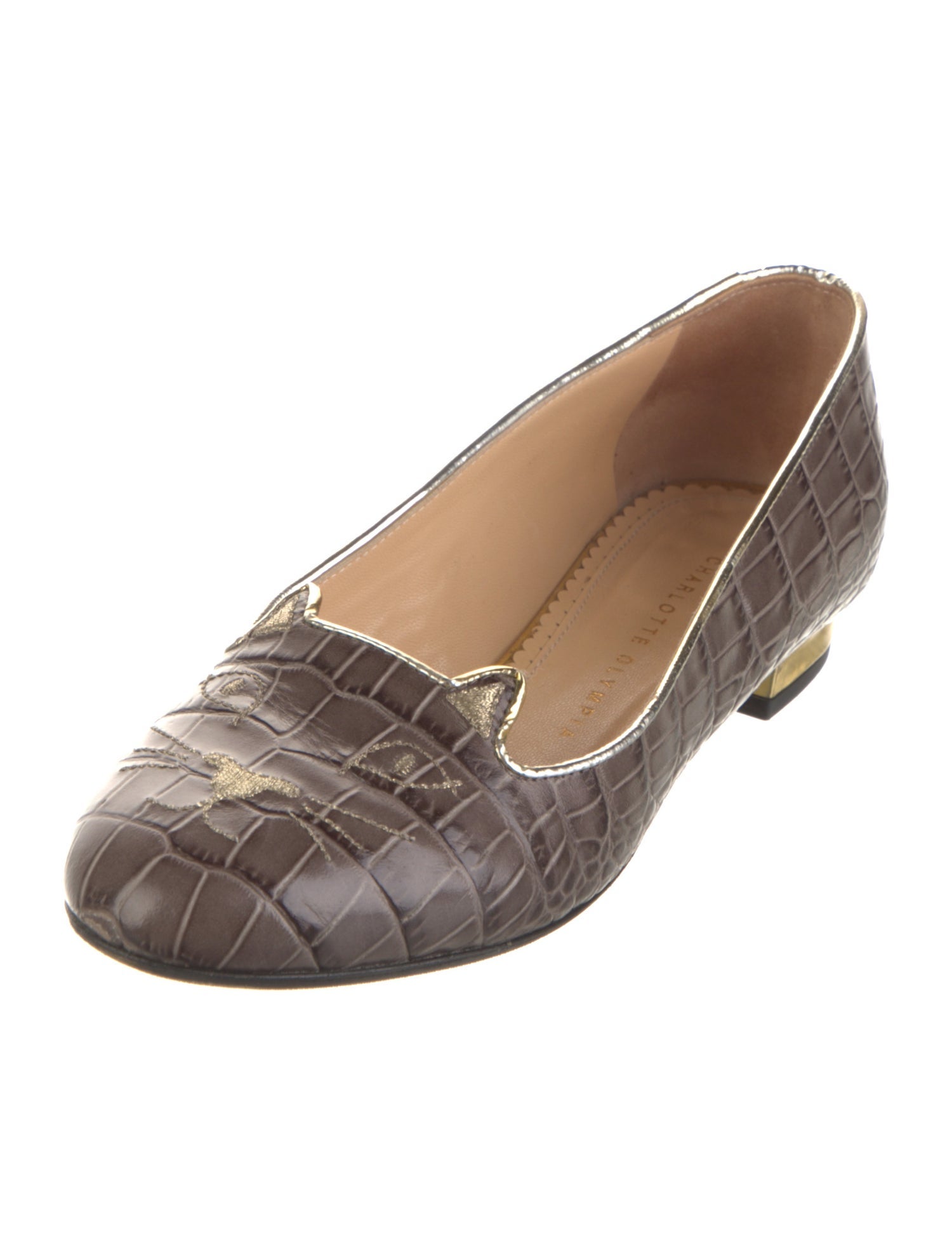Charlotte Olympia Embossed Leather Embroidered Accent Ballet Flats