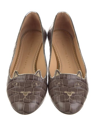 Charlotte Olympia Embossed Leather Embroidered Accent Ballet Flats