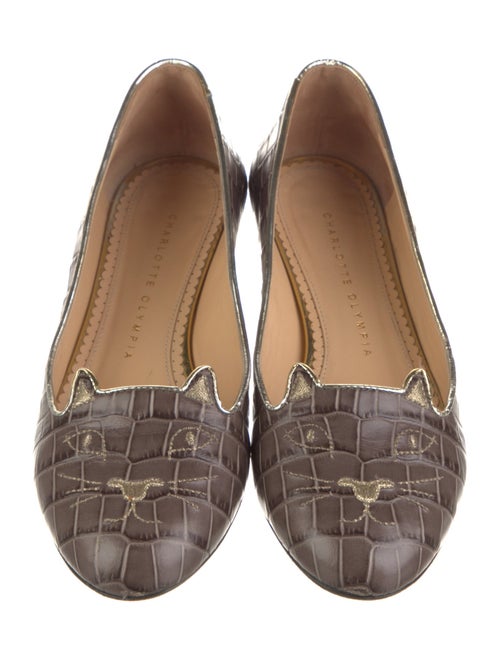 Charlotte Olympia Embossed Leather Embroidered Accent Ballet Flats