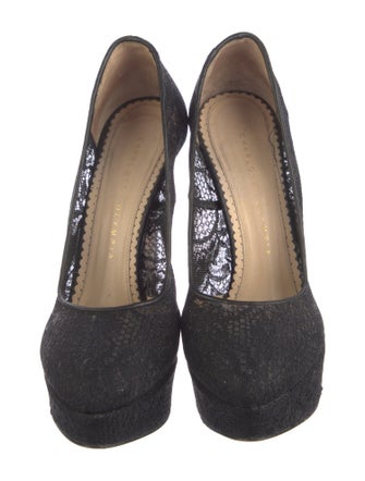 Charlotte Olympia Lace Leather Trim Embellishment Pumps