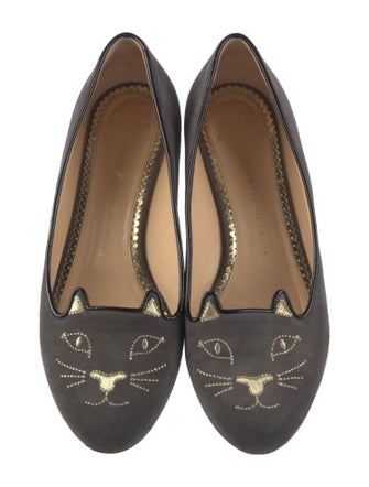 Charlotte Olympia Suede Embroidered Accent Loafers