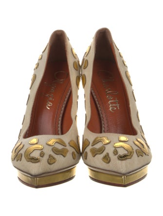 Charlotte Olympia Canvas Leather Trim Embellishment Pumps
