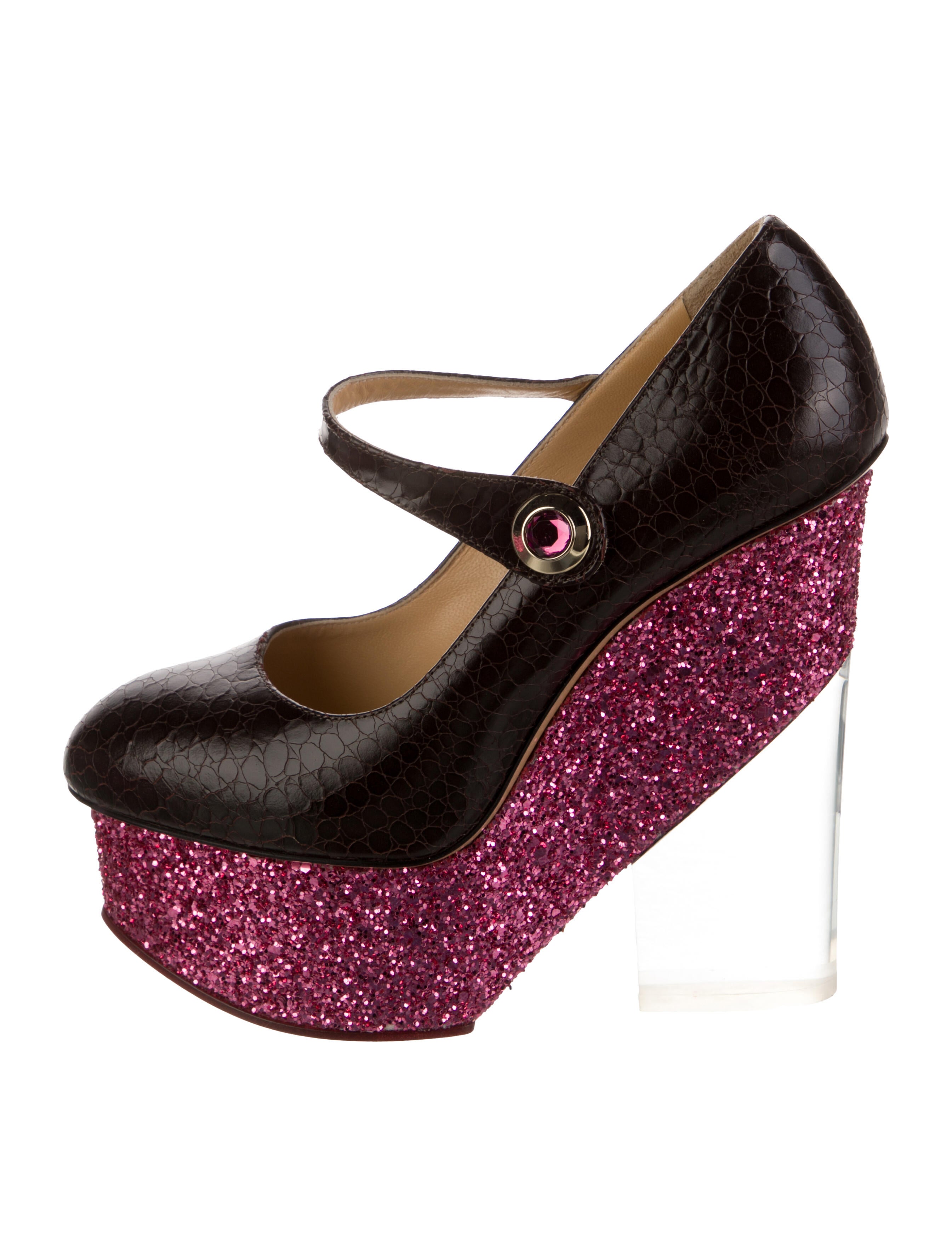 Charlotte Olympia Embossed Leather Glitter Accents Pumps