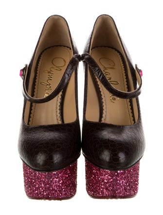 Charlotte Olympia Embossed Leather Glitter Accents Pumps