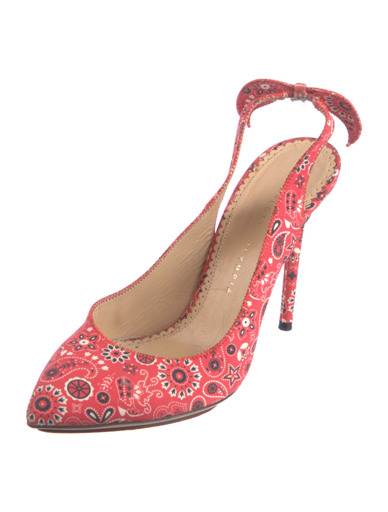 Charlotte Olympia Paisley Print Bow Accents Slingback Pumps
