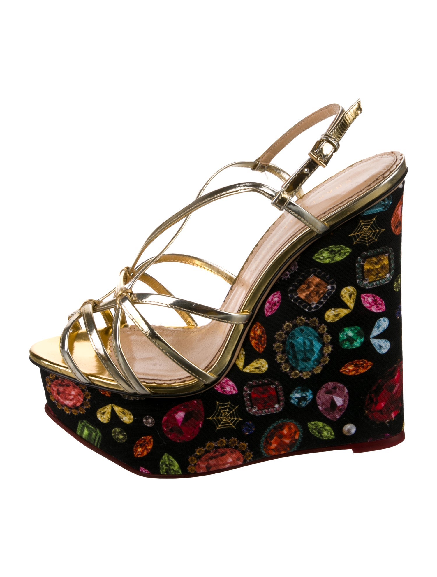 Charlotte Olympia Leather Floral Print Slingback Sandals
