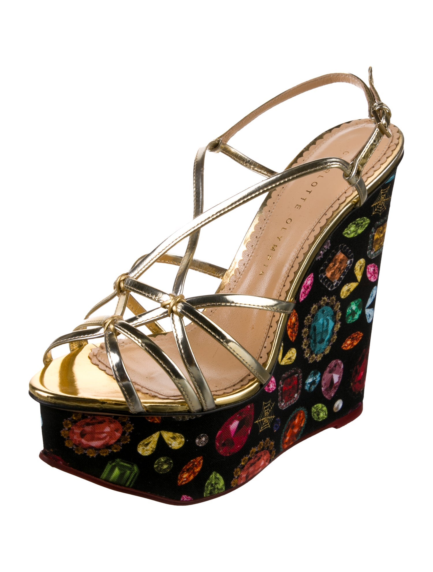 Charlotte Olympia Leather Floral Print Slingback Sandals