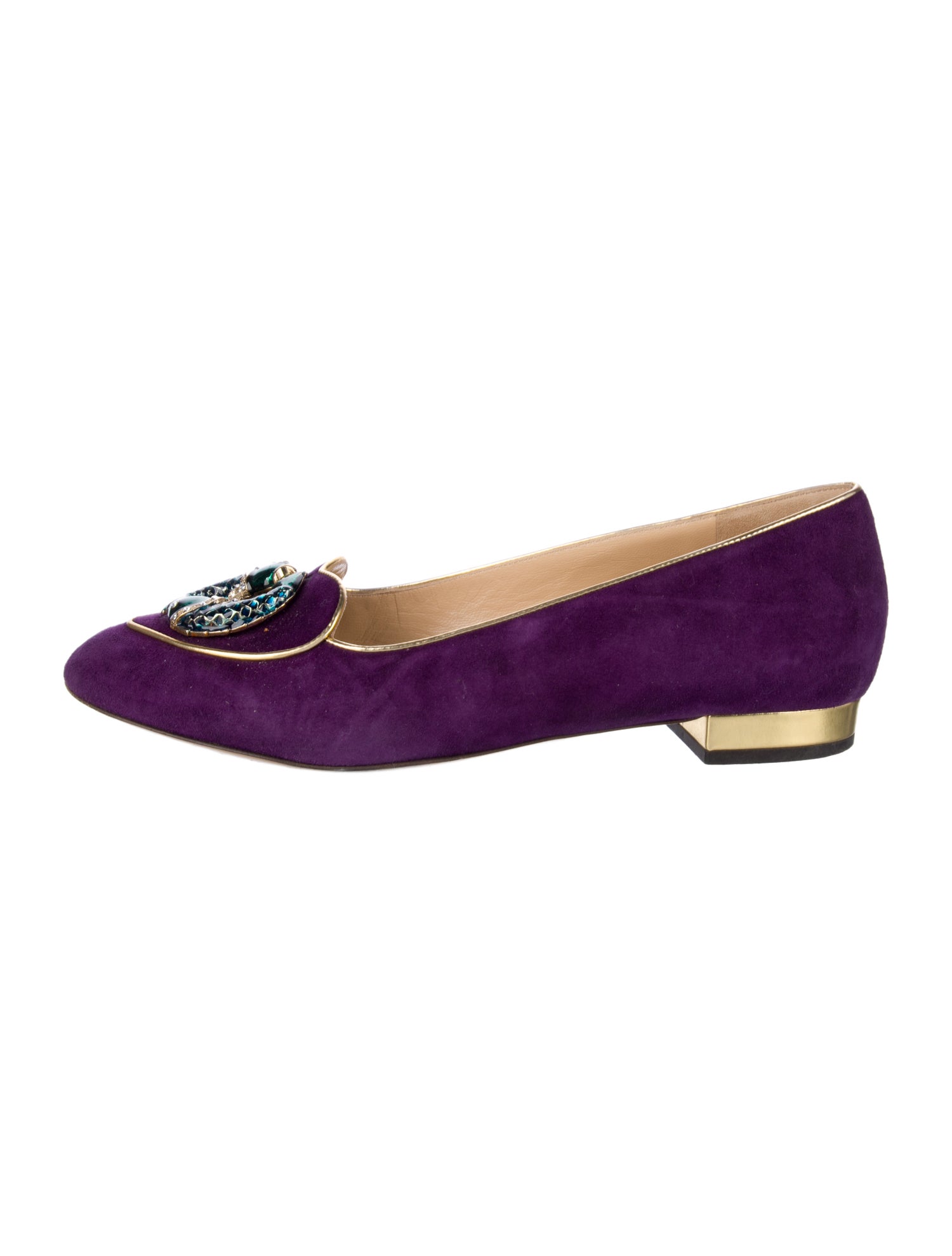 Charlotte Olympia Suede Crystal Embellishments Loafers