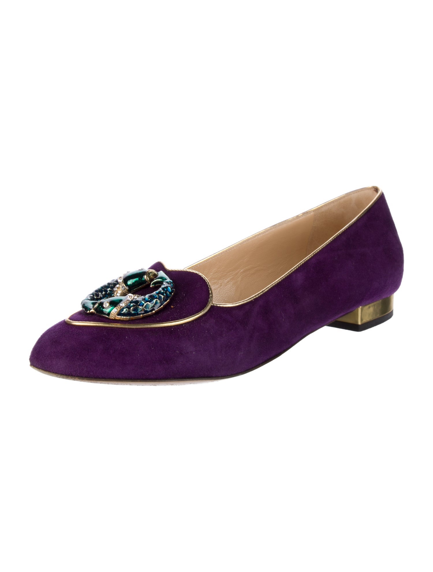 Charlotte Olympia Suede Crystal Embellishments Loafers