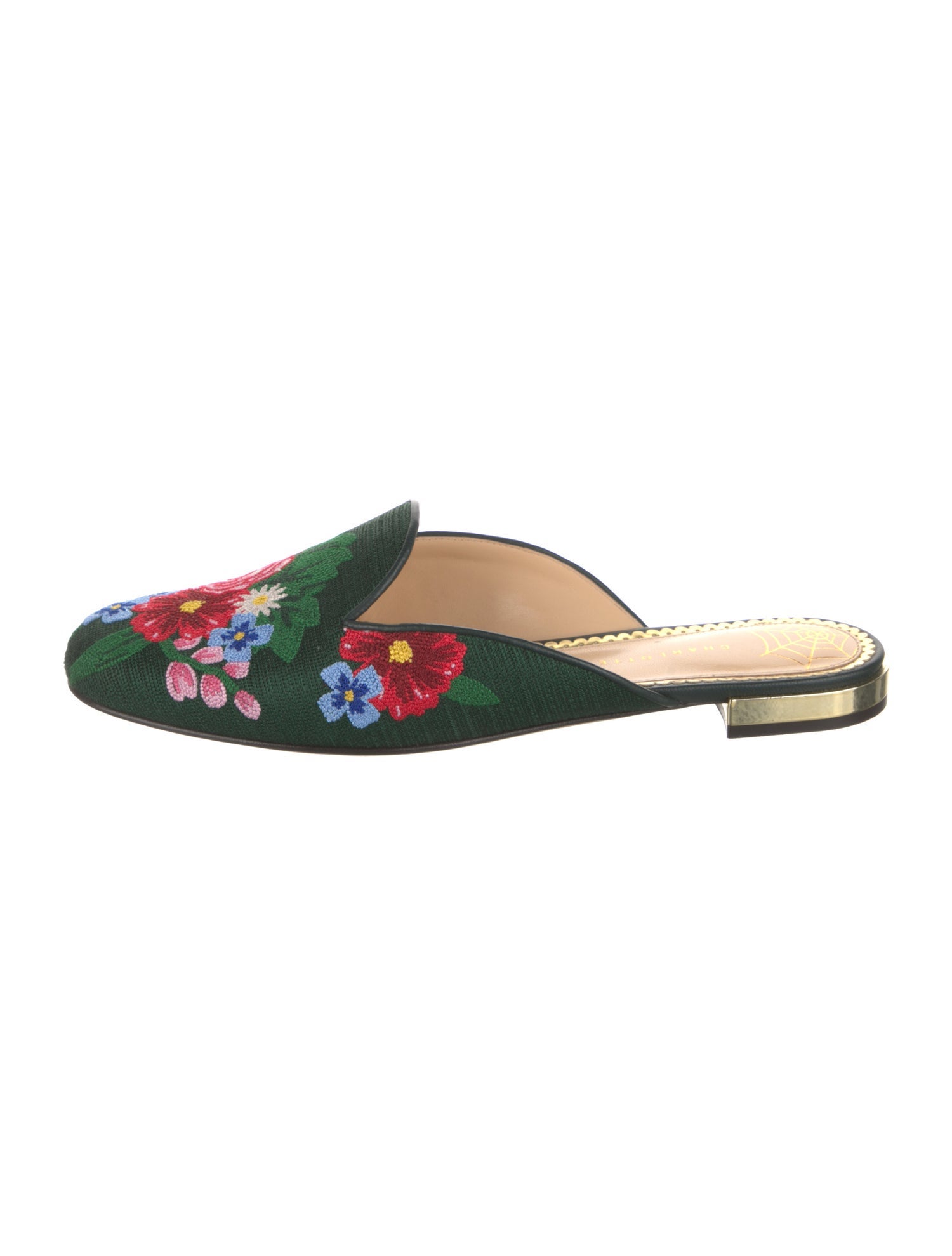 Charlotte Olympia Floral Print Embroidered Accent Mules