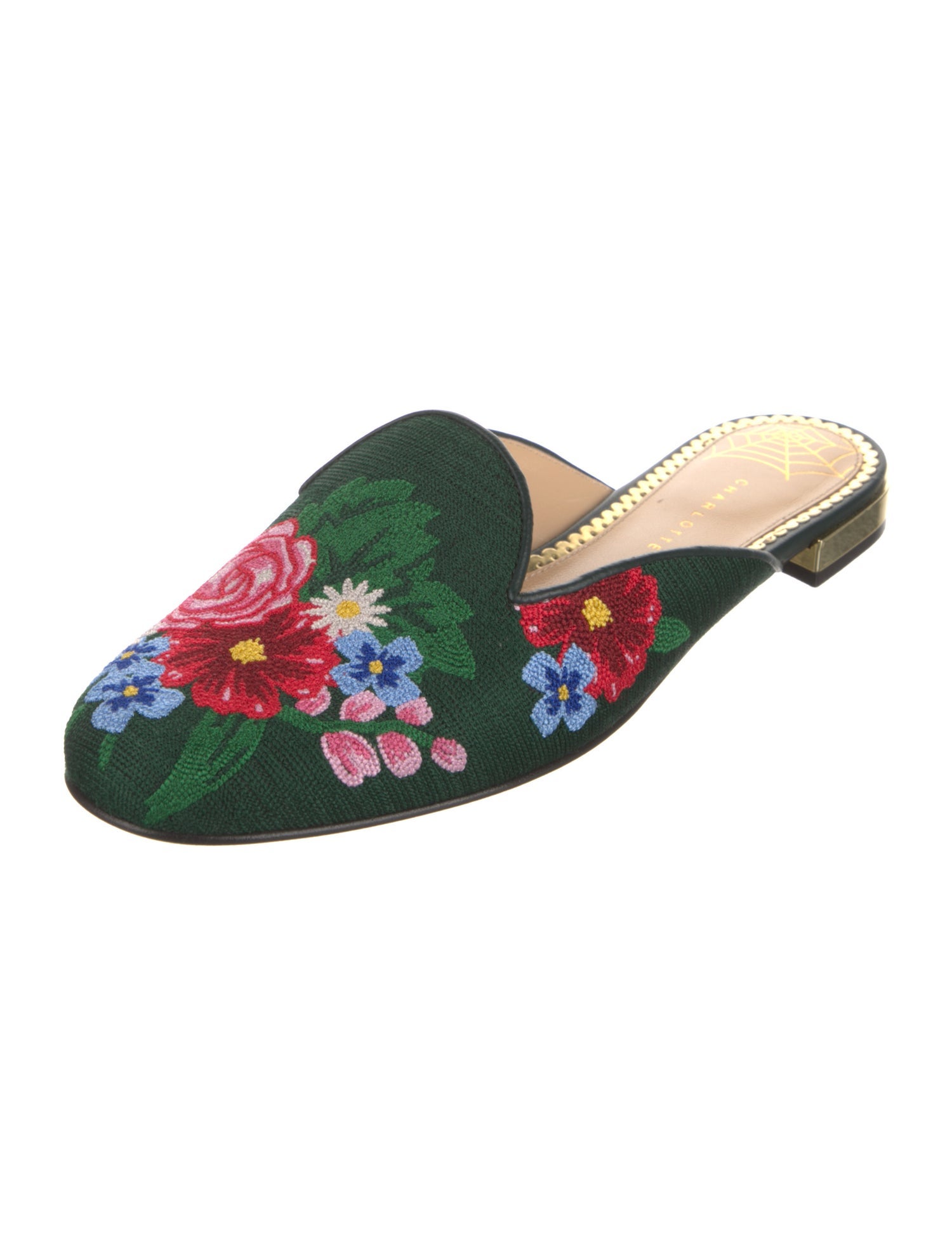 Charlotte Olympia Floral Print Embroidered Accent Mules