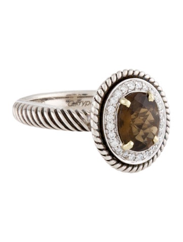 Charles Krypell Cocktail Ring Smoky Quartz & Diamond Halo 6.75