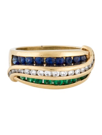 Charles Krypell 18K Diamond, Emerald & Sapphire Three Row Band