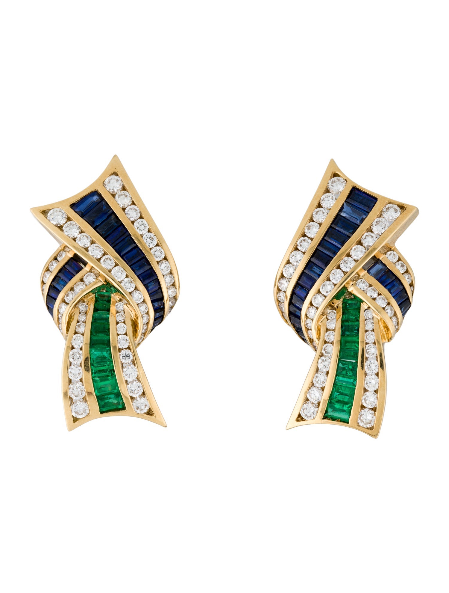 Charles Krypell 18K Sapphire & Emerald Ribbon Knot Earclips