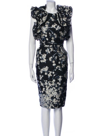 Pre-owned Co Floral Print Midi Length Dress In Black