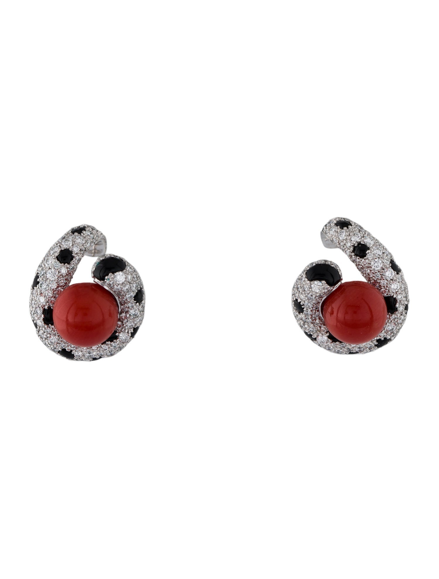Cartier Coral Panthère Stud Earrings, Pavéd