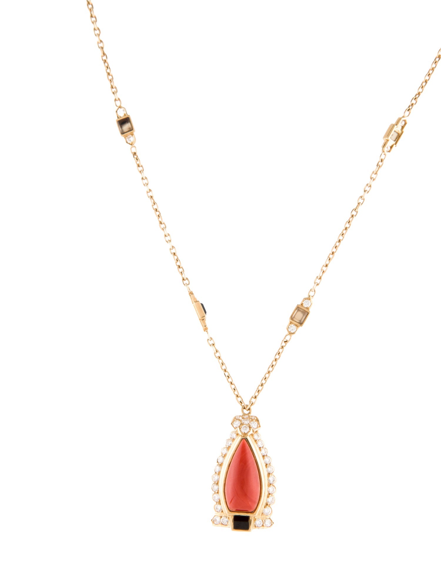 Cartier Vintage Coral, Onyx, Chalcedony & Diamond Pendant Necklace