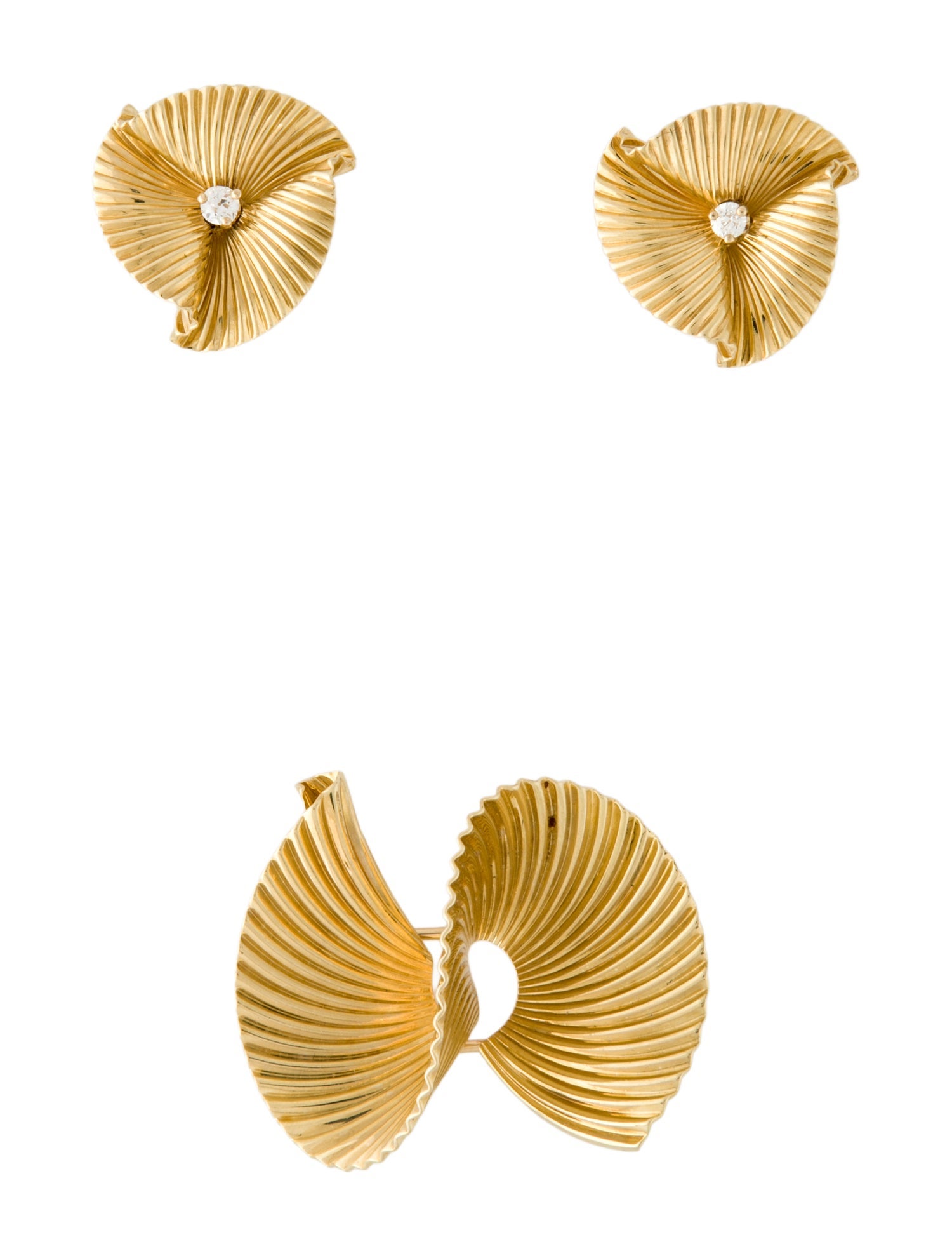 Cartier Vintage 14K Diamond Fluted Clip-On Earrings & Brooch Set