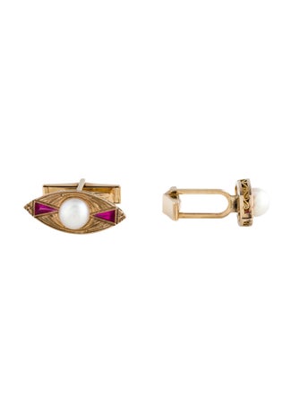 Cufflinks Antique 14K Pearl & Synthetic Ruby Cufflinks
