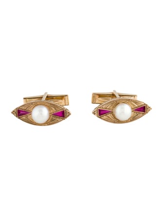 Cufflinks Antique 14K Pearl & Synthetic Ruby Cufflinks